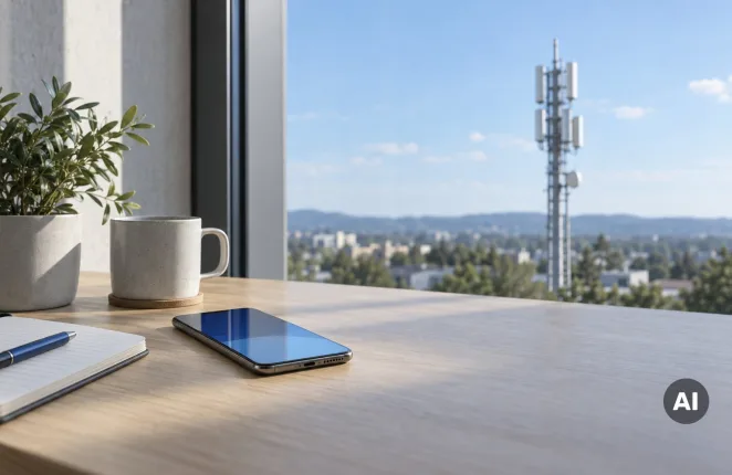 Smartfon na stole przy oknie, w tle maszt telekomunikacyjny na tle nieba