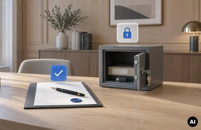 Umowa z piórem i niebieską pieczęcią obok sejfu z pendrive'em i kluczem, nad nimi znaczniki - umowa z software housem