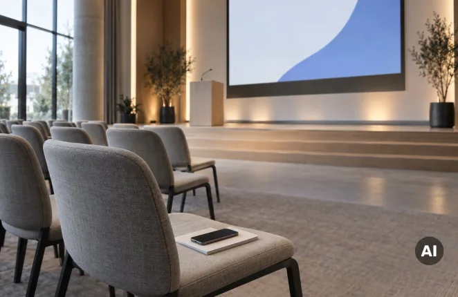 Pusta sala konferencyjna ze sceną i rzędami krzeseł, smartfon na pierwszym krześle